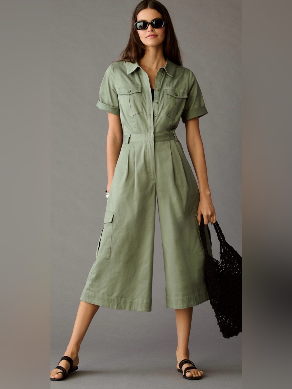 TwentySixHundred Anthropologie Olive Cargo Wide Leg Jumpsuit Size 8